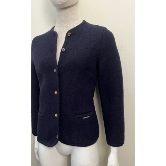 VINTAGE GEIGER NAVY BLUE 3/4 SLEEVE WOOL CARDIGAN JACKET XS - Picture 2 of 11